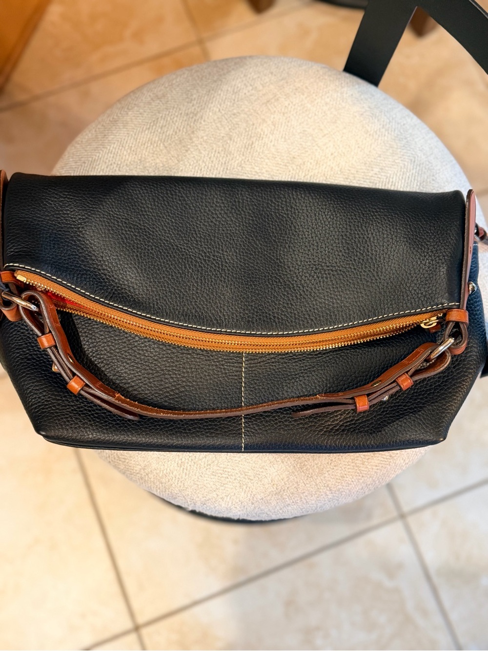 Dooney & Bourke Black Leather Shoulder Bag with Brown Trim